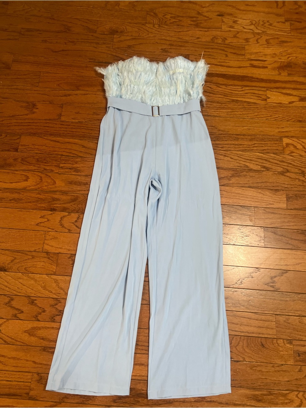Strapless Feather Bodice Wide-Leg Jumpsuit — Light Blue